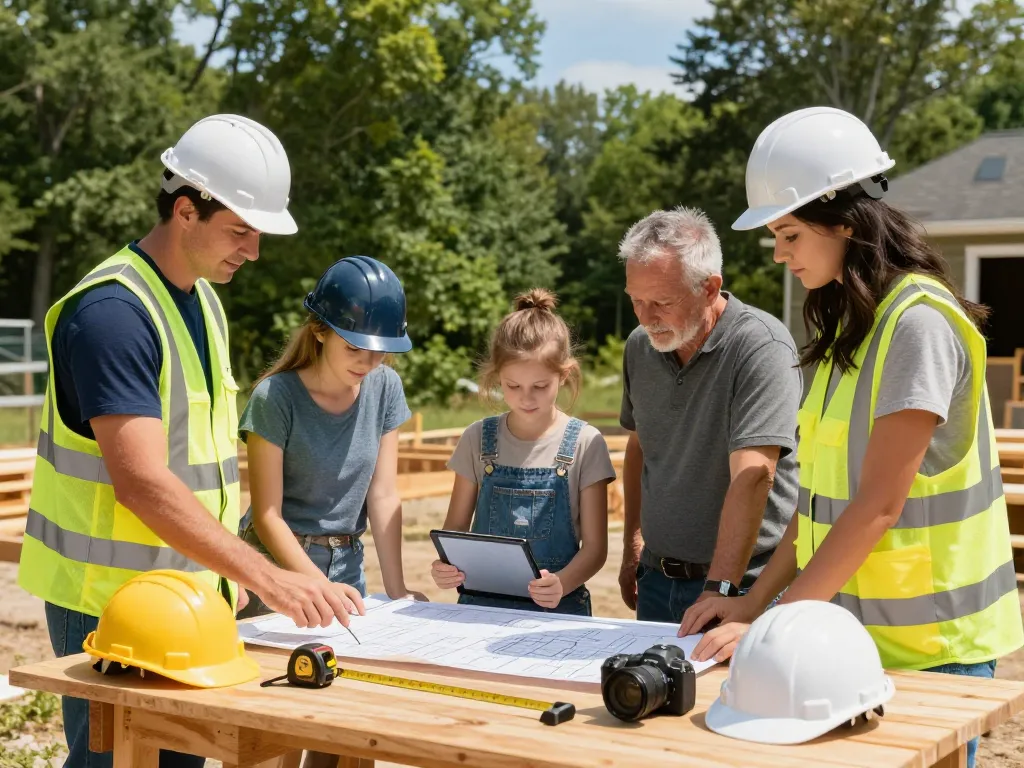 Southern maine General Contractor team collaborating on project plans outdoors, showcasing teamwork and craftsmanship.