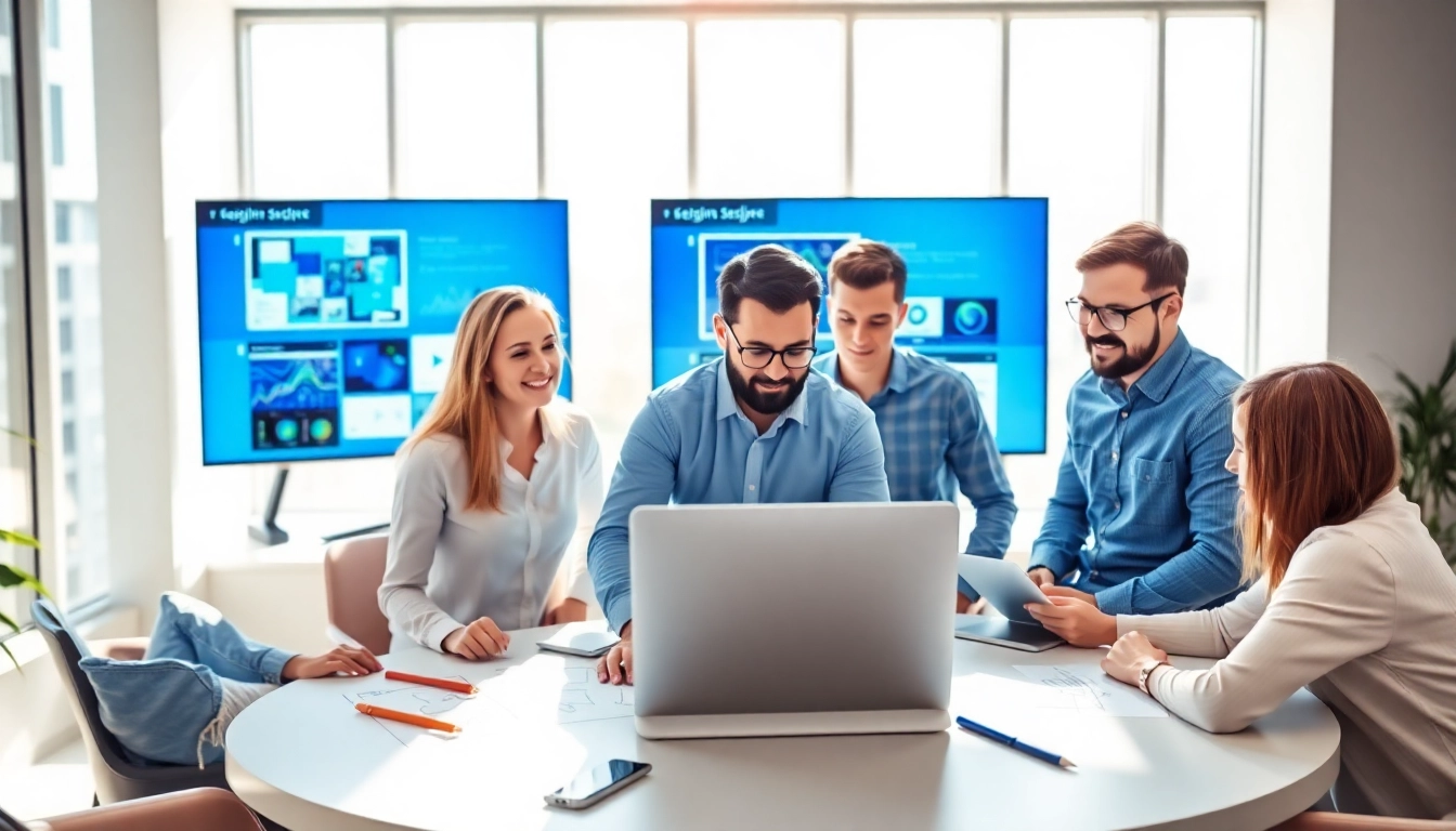 Web design company team collaborating creatively in a modern office environment.