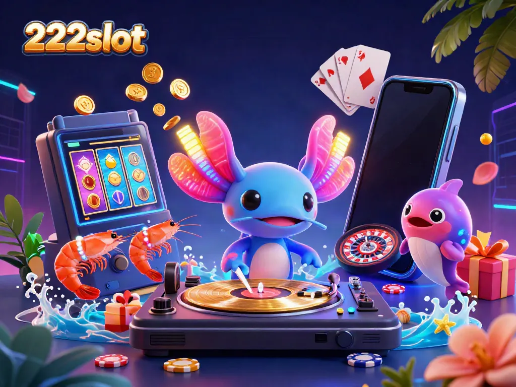 Menangkan permainannya di 222slot dengan DJ axolotl neon yang mempertunjukkan permainan slot yang berwarna-warni.