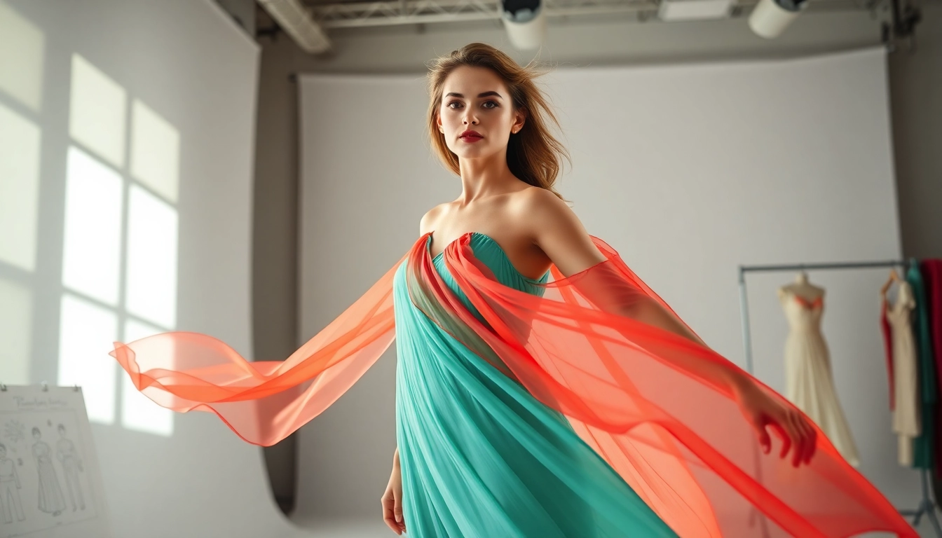 Chiffon jurk in een modieuze studio met vloeiende bewegingen en levendige kleuren.