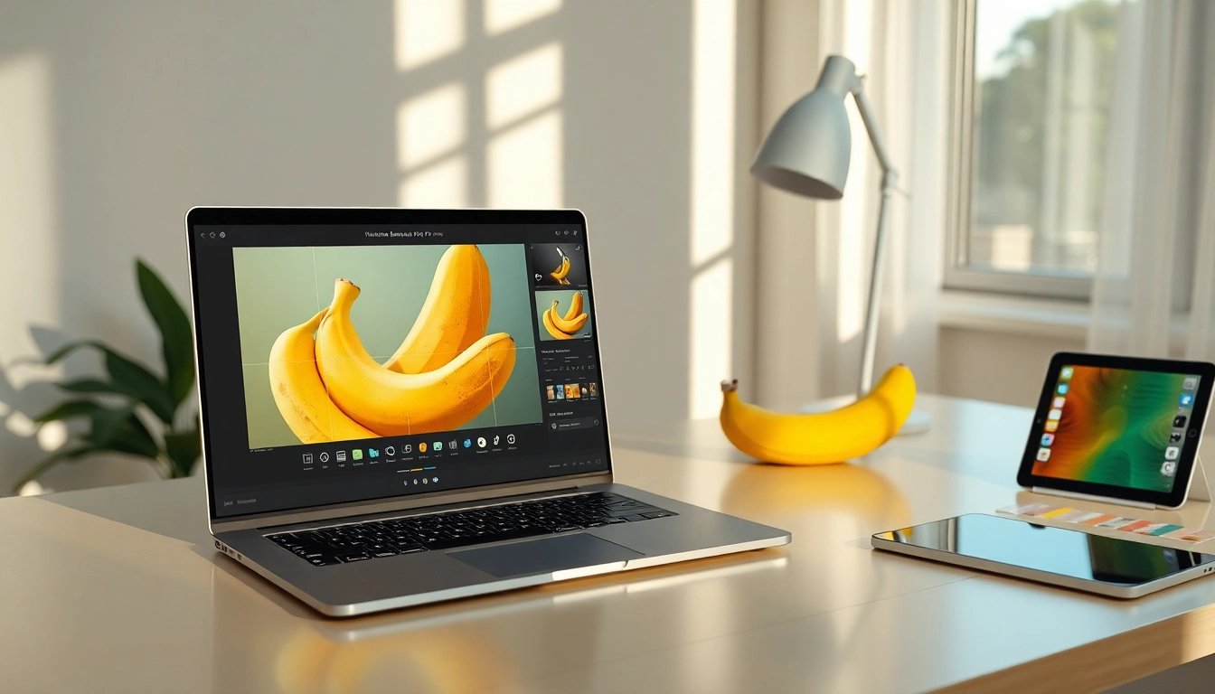 Nano Banana Pro AI image editing interface showcasing vibrant transformations and modern workspace.