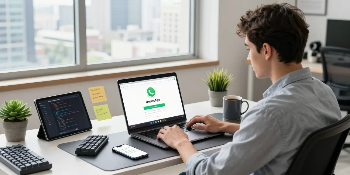 Download WhatsApp下載 on a modern workspace with a young professional at their desk.