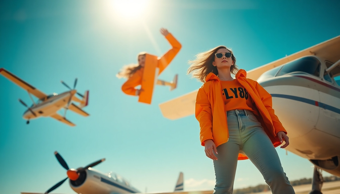 FLY88 aviation-themed fashion shoot with vibrant models and vintage airplanes.