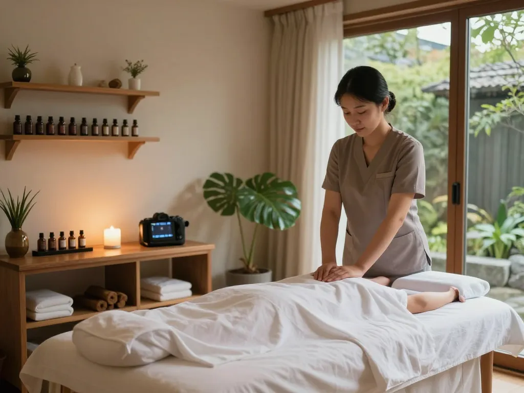 아로마 오일, 고요한 조명, 편안한 마사지 테이블이 있는 호화로운 마포스웨디시 마사지 스튜디오.