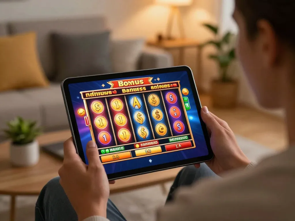 Experience slot bonus excitement as a player engages with colorful online slots on a tablet.