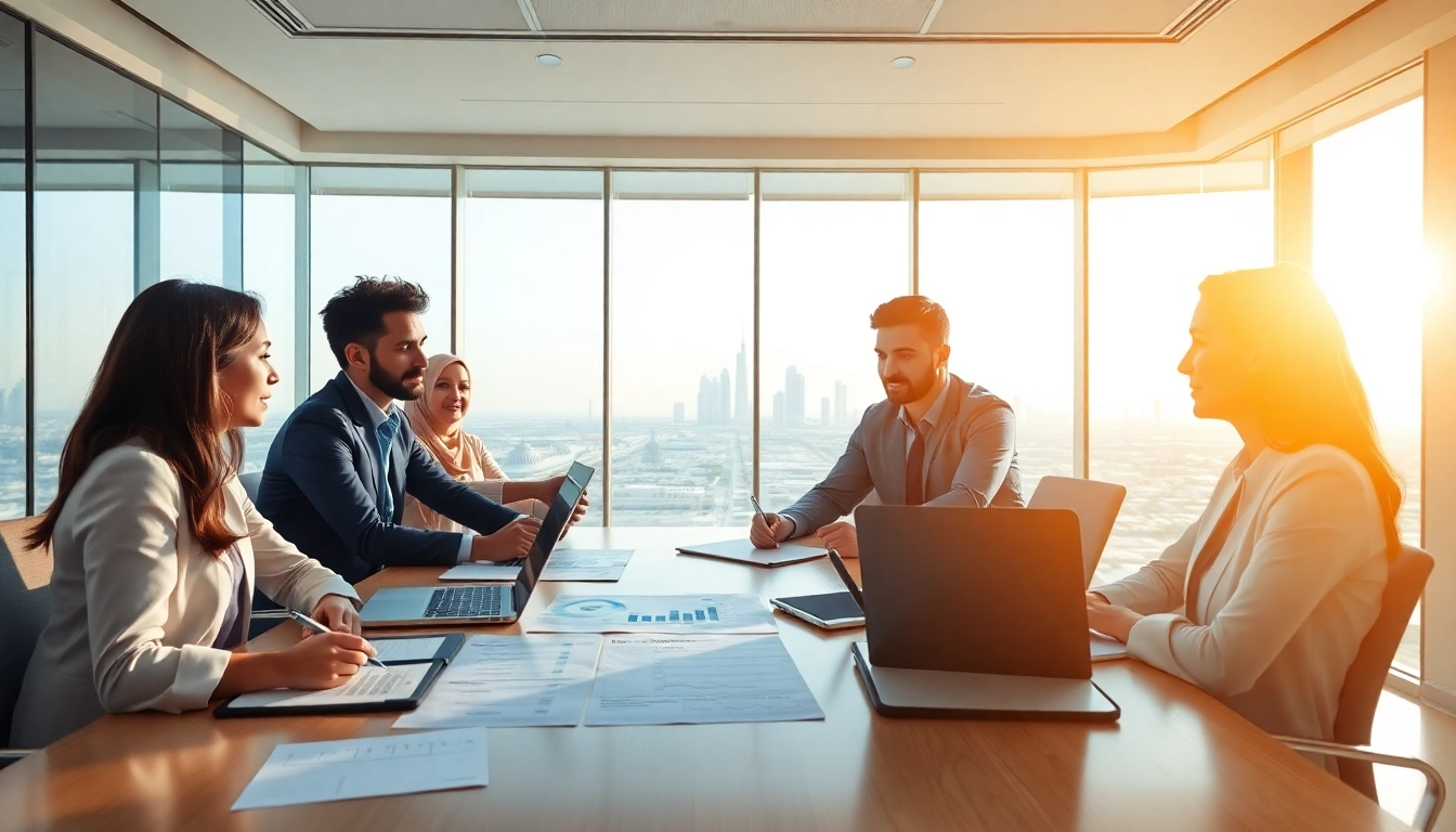VAT consultancy discussion among professionals in Abu Dhabi's modern office environment.