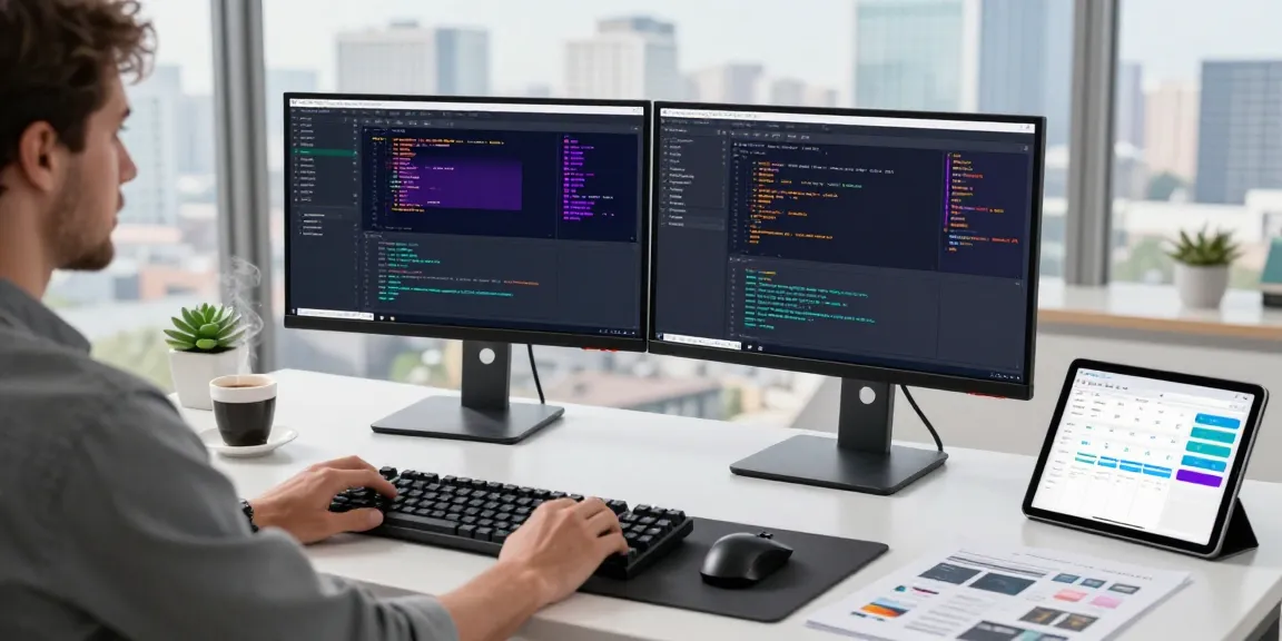 Desarrollador de software trabajando en su escritorio con código en pantallas y café, etb pse visible.
