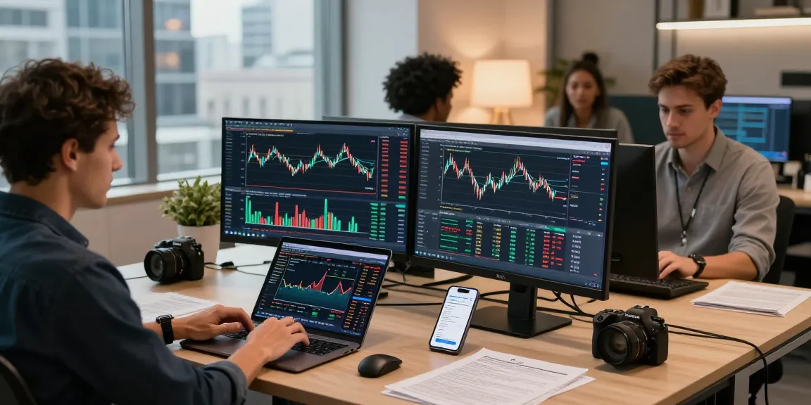 交易人员在专业环境中使用TradingView分析股票和外汇行情，显示实时数据和价格提醒。