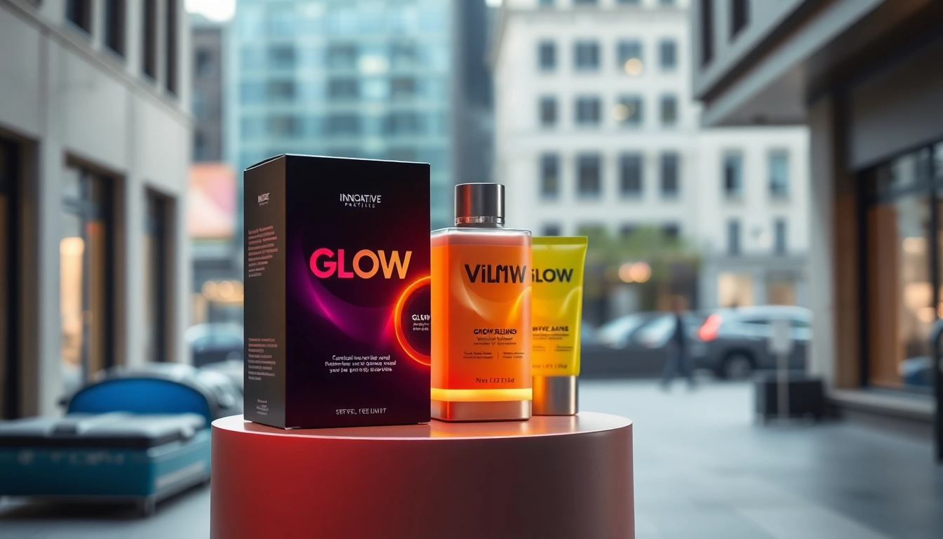 Showcase Glow Blend product in elegant packaging against a blurred cityscape background.