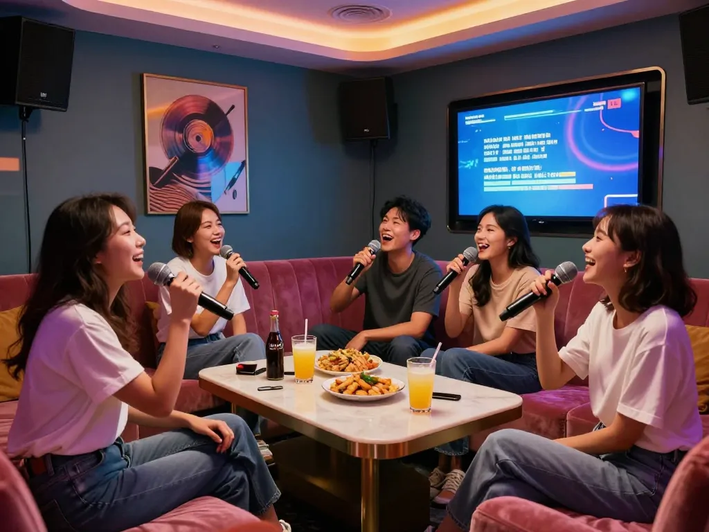 https://www.3no.org/seo에서의 활기찬 노래방 경험은 친구들이 다채로운 조명 아래에서 개인 방에서 음악을 즐기는 모습을 보여줍니다.