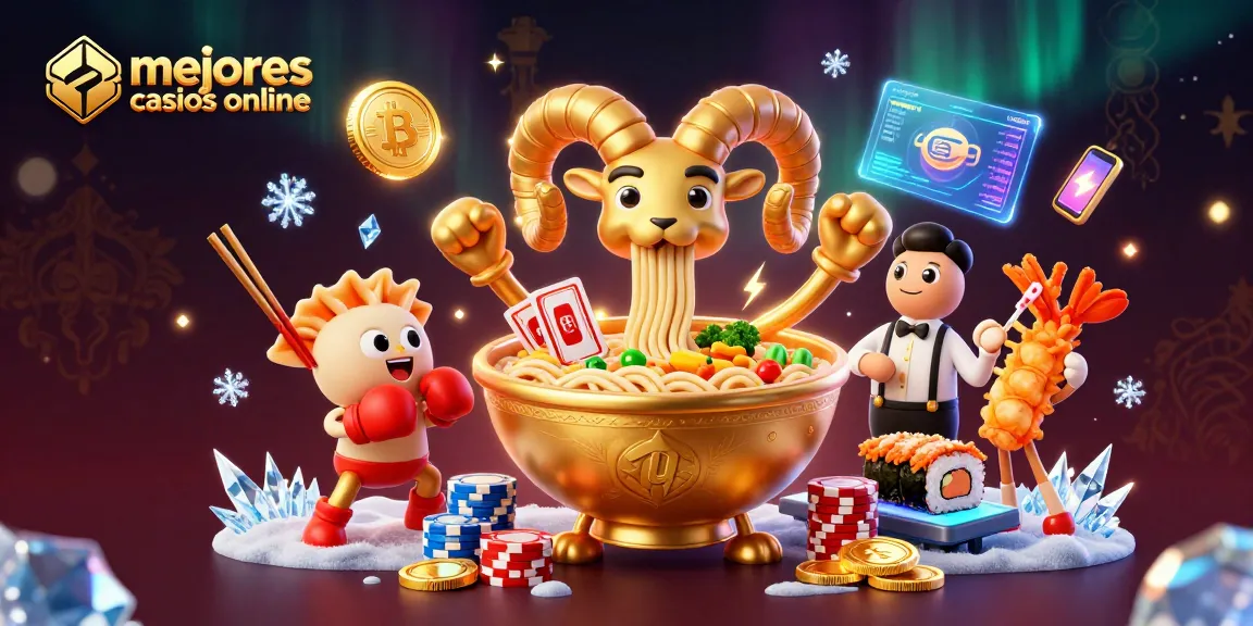 Mejores casinos online: presentación de un vibrante casino con personajes de comida 3D y elementos de criptomonedas.
