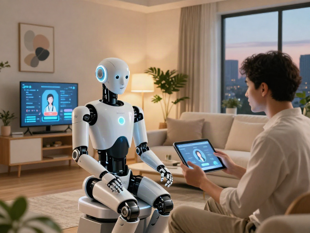 Engaging with a sex bot in a modern living room setting, featuring sleek design and interactive technology.