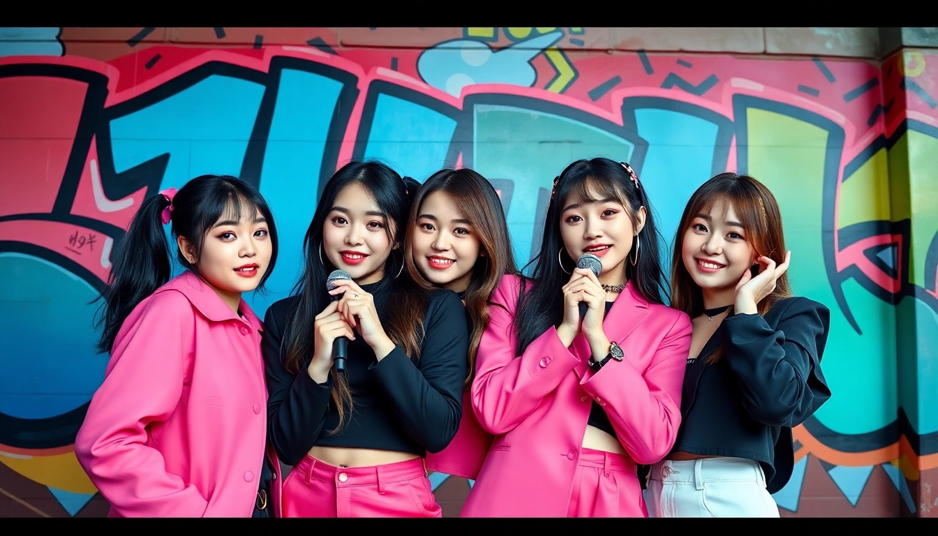 Blackpink members Jisoo, Jennie, Rosé, and Lisa posing in an energetic urban backdrop.