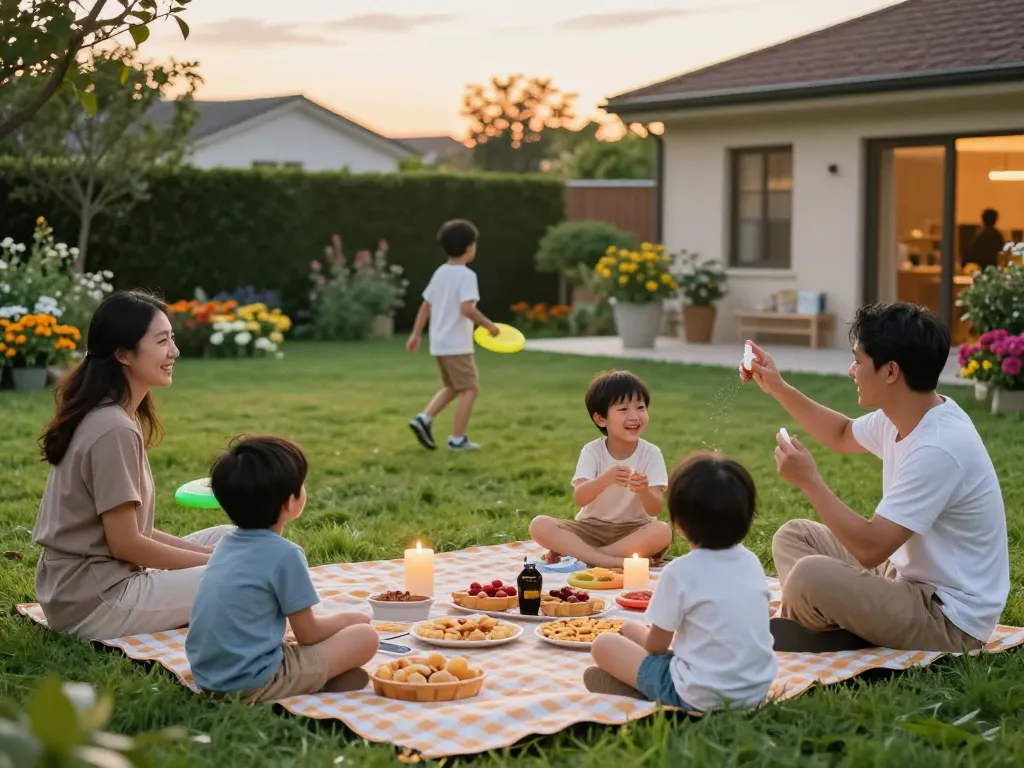 Family enjoying summer picnic with mosquito repellent applied to ensure outdoor comfort.