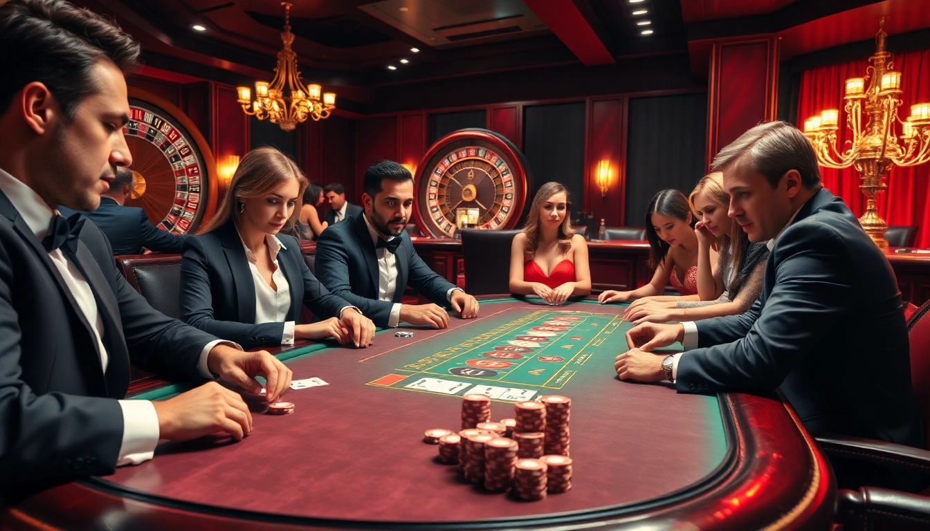 Scène riche en action au meilleur casino en ligne avec des joueurs engagés dans une partie de poker à enjeux élevés.