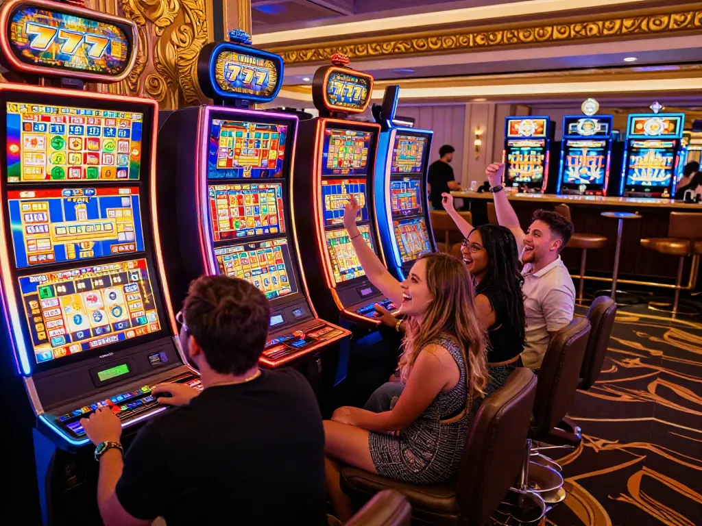 Permainan slot777 di kasino dengan pemain merayakan jackpot.