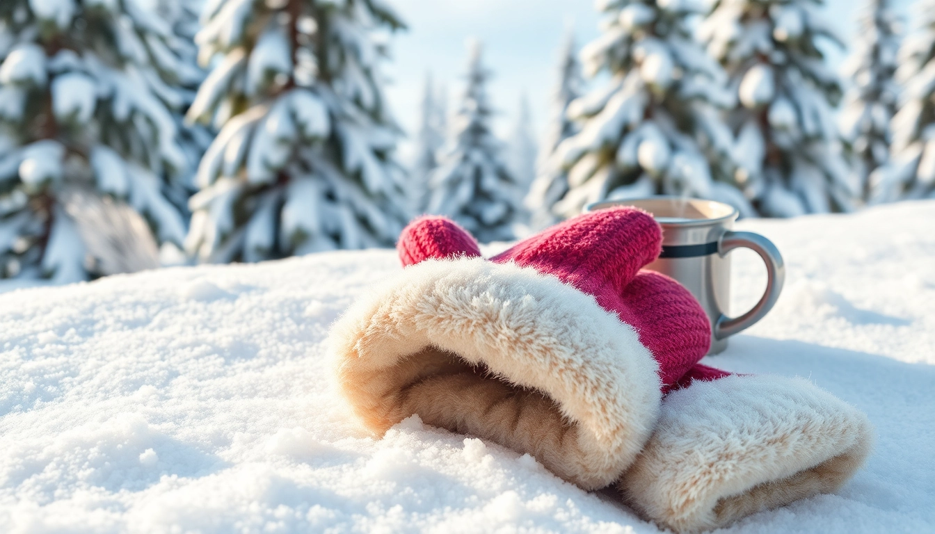 Showcase best warm winter gloves on a snowy backdrop emphasizing warmth and comfort.