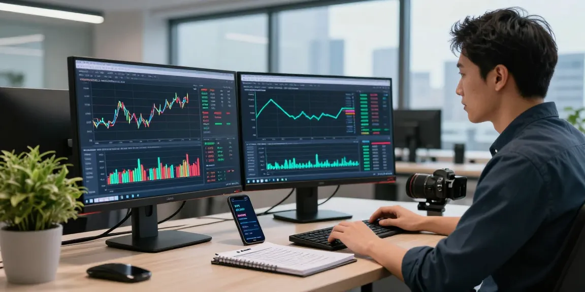 Trader using mt4 with multiple monitors and charts in a modern office