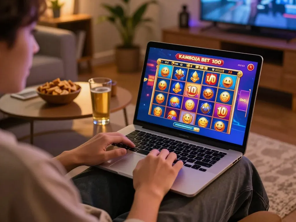 Player spins the reels on slot kamboja bet 100 in a cozy home setting during a gaming session.