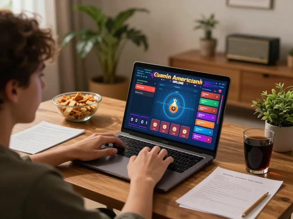 Engaged player enjoying casinò americani online, strategizing with notes and snacks in a cozy home setting