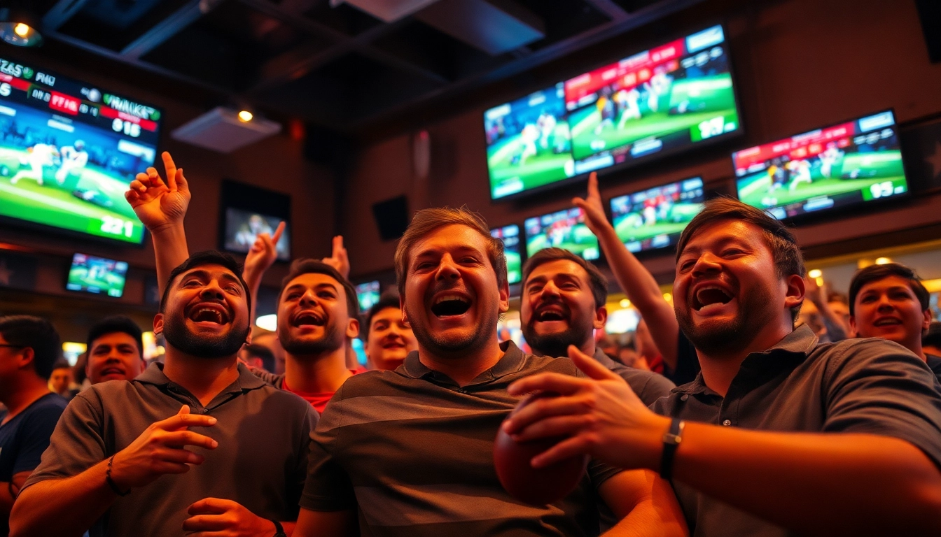 Fans joyfully celebrating Georgia sports betting victories in a vibrant sports bar atmosphere.