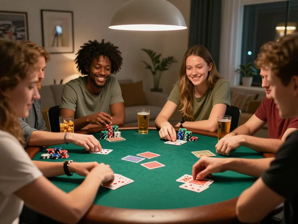 BUKA77 players analyzing poker hands in a cozy home game night setting, depicting friendly competition.