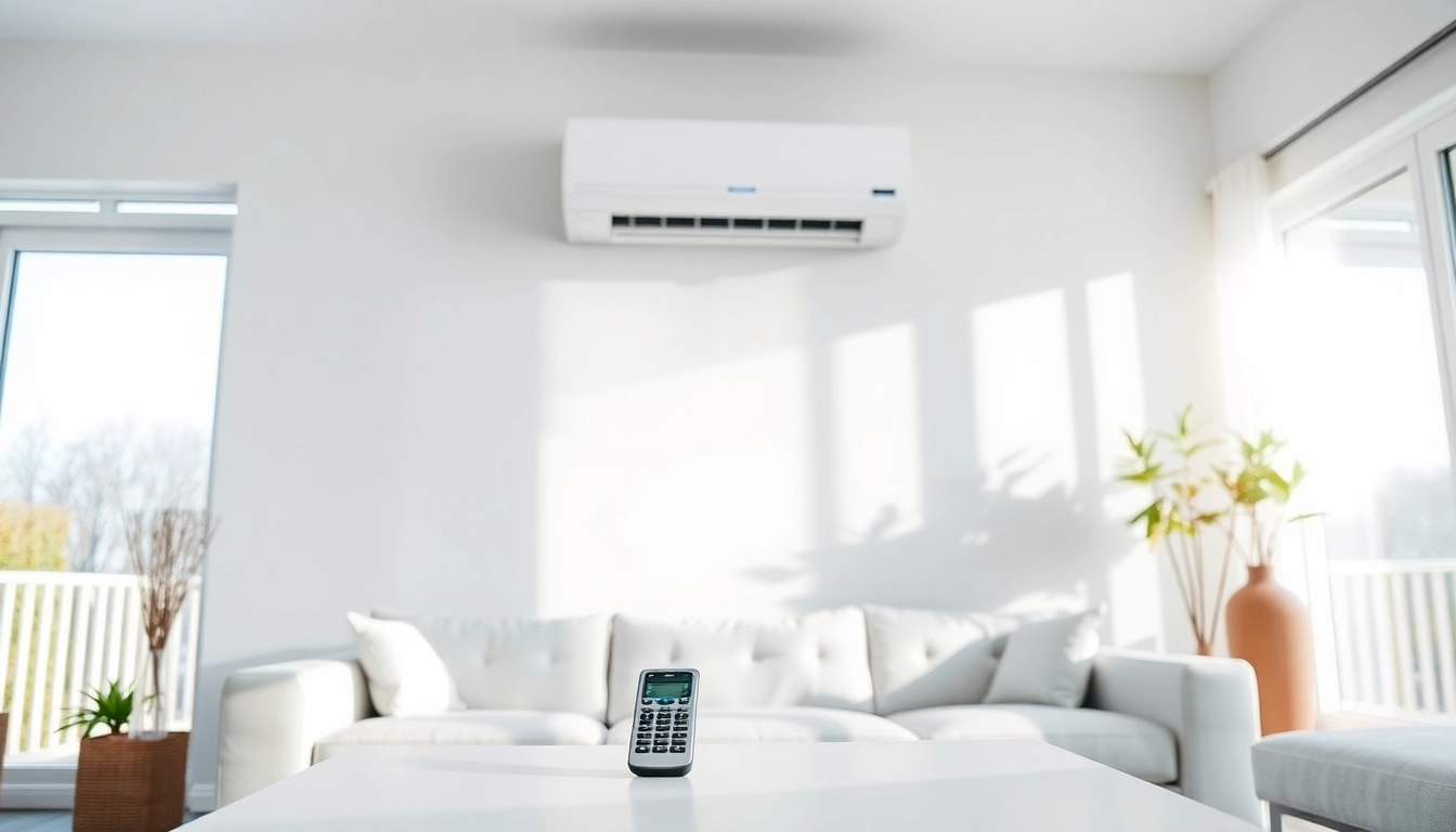 Installing a Daikin mini split AC in a stylish living room with sunlit ambiance and modern decor.