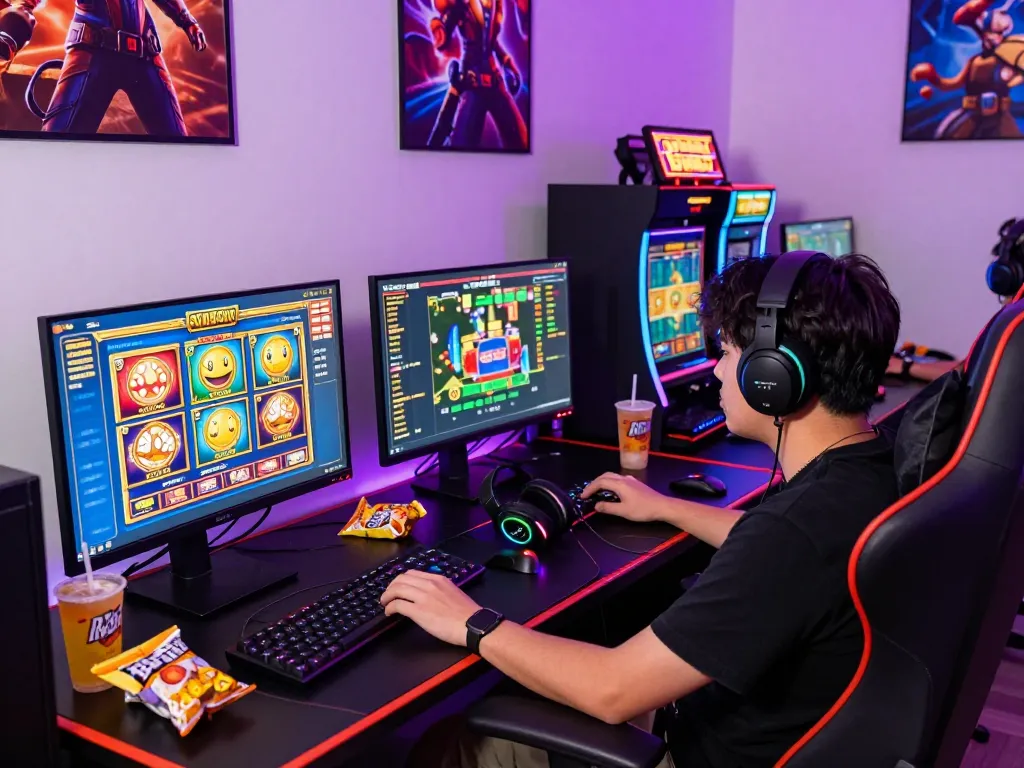 Gamer menikmati slot gacor hari ini dalam pengaturan online yang menarik dengan grafik yang cerah dan beberapa layar.