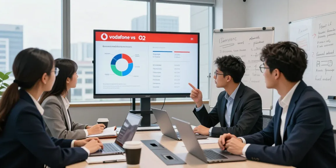 Business team evaluating Vodafone vs O2 business mobile plans in a modern conference room setting.