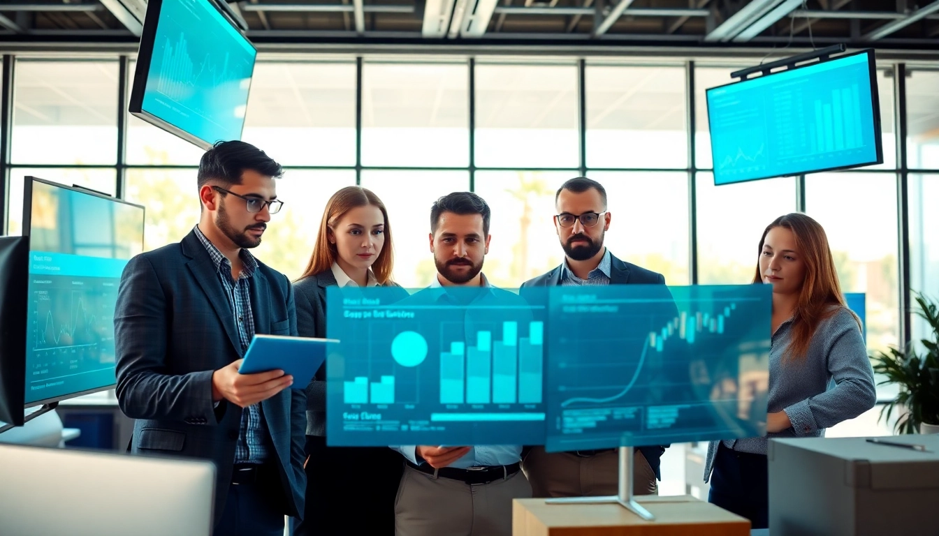 Team reviewing supply chain insights data in a modern office with digital displays.