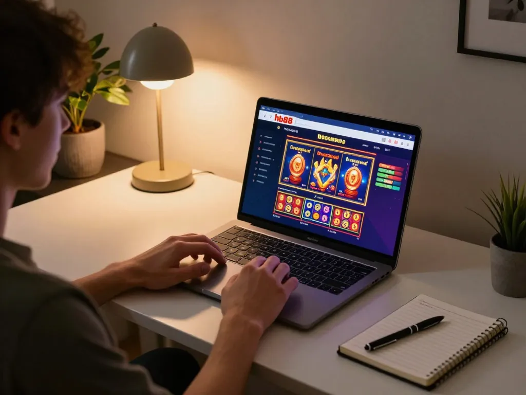 Player engaging with hb88 app on laptop in a cozy home gaming setup, emphasizing strategic online betting.