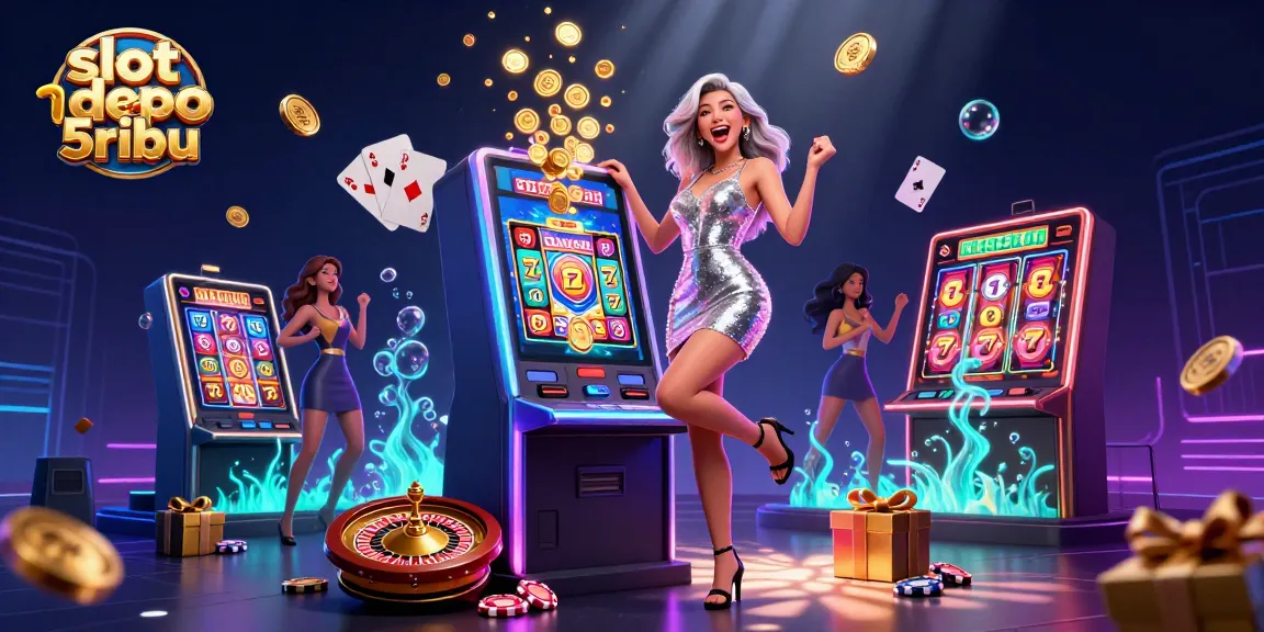 Win big with slot depo 5ribu on an exciting slot machine celebration with vibrant casino elements.