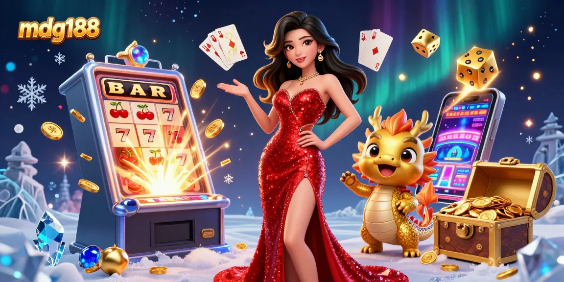 Win big at mdg188 with a stunning casino illustration featuring a glamorous woman and golden dragon.