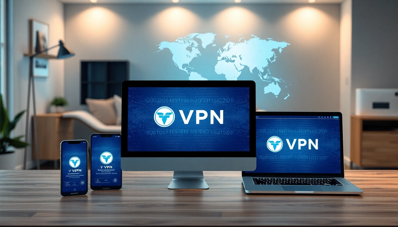 快连VPN应用界面在现代家庭办公室的多台设备上显示，象征全球互联与安全。