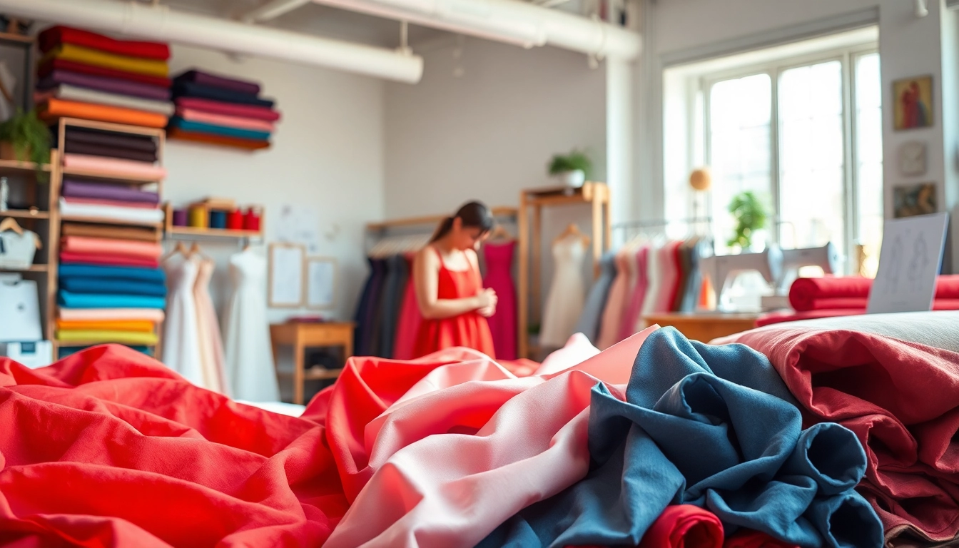 Stof voor jurk kopen: Beautiful selection of fabrics for dressmaking in a professional studio.