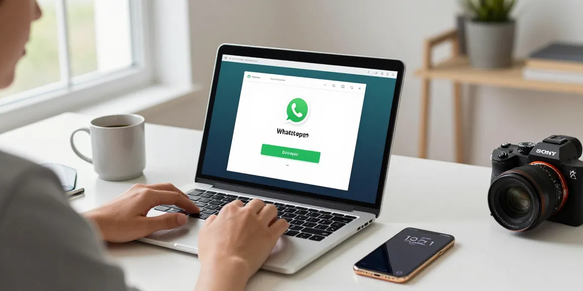 WhatsApp下載 page on laptop screen in a cozy home office with modern tech gadgets and natural light.