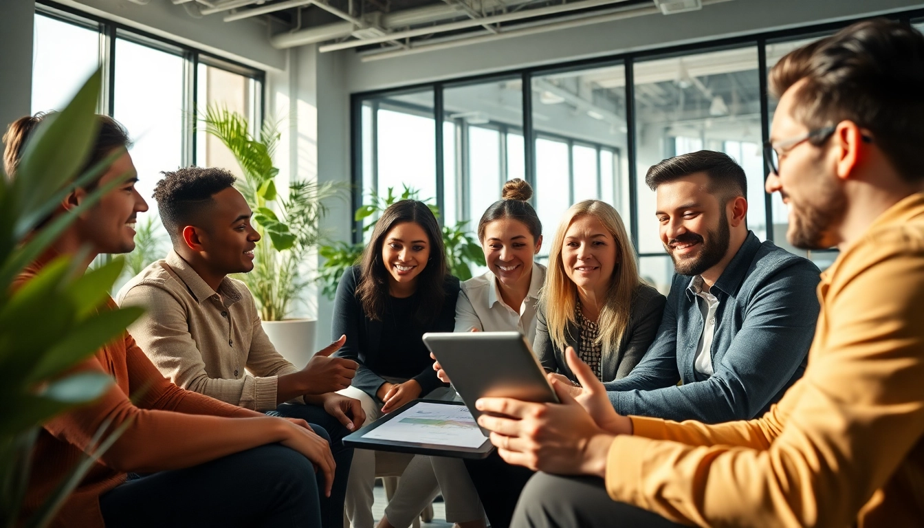 Employing HR solutions through collaborative efforts of a diverse team in a modern office.