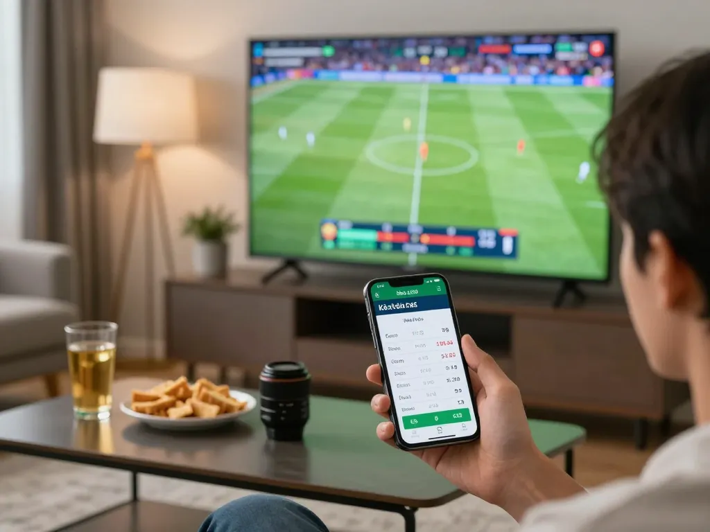 Kèo nhà cái 5 mobile betting action with player engaging on sports app while watching live match.