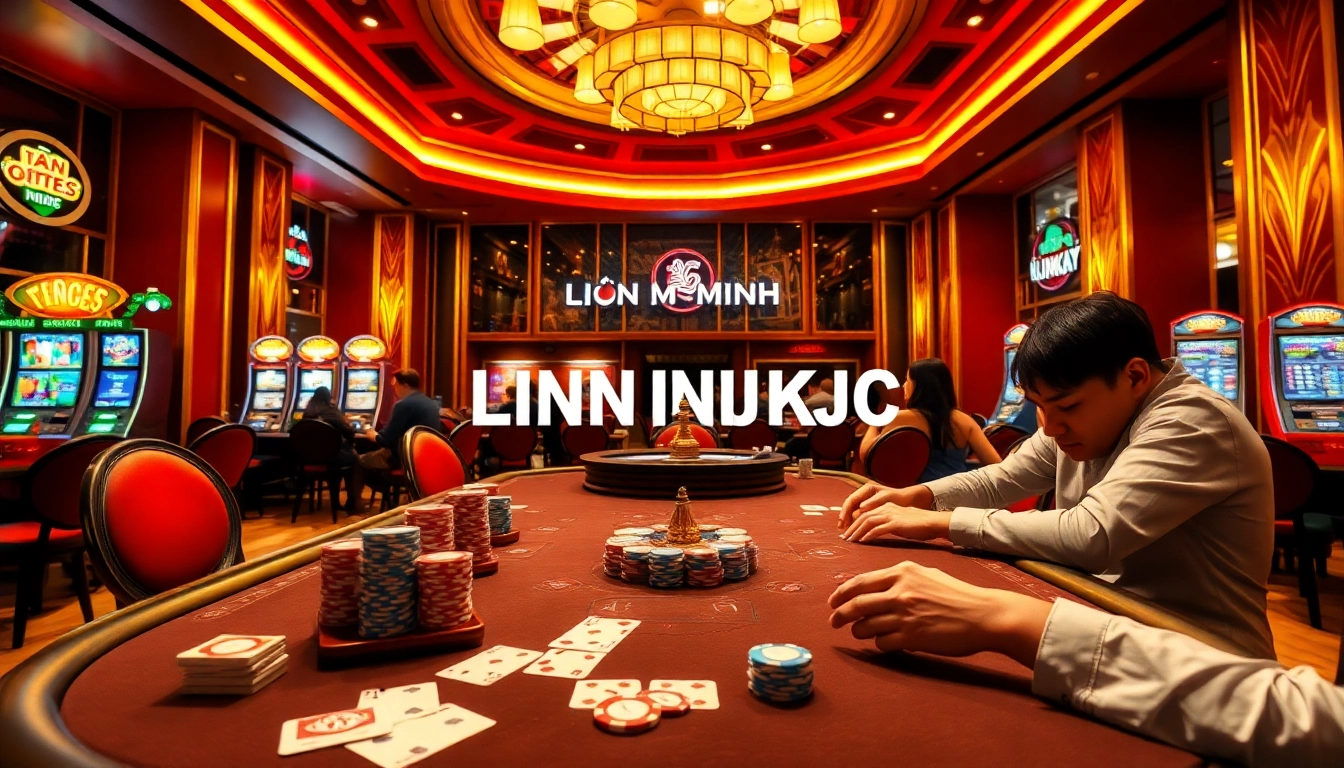 Experience the thrill of "LIÊN MINH KJC" at a lively casino, with players enjoying poker and roulette.