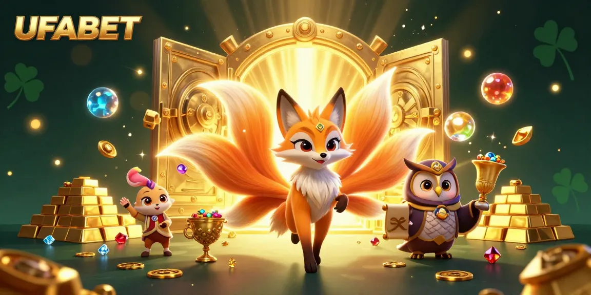 Win big with UFABET's dazzling 3D illustration showcasing vibrant characters and casino treasures.