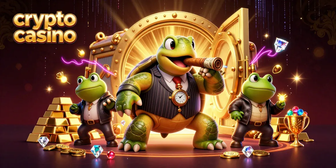 Crypto casino: tartaruga in abito elegante e rane in giacche, circondate da tesori e giochi d'azzardo.