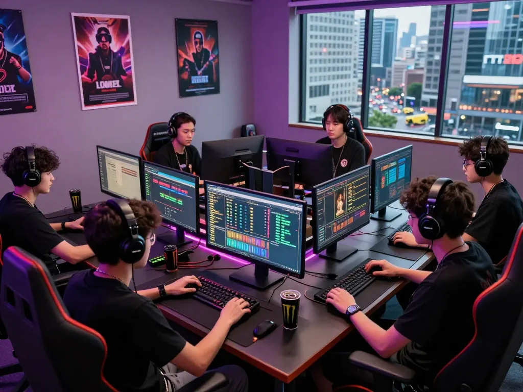 Players strategizing in a vibrant Togel Online gaming environment with multiple screens and modern gaming accessories.