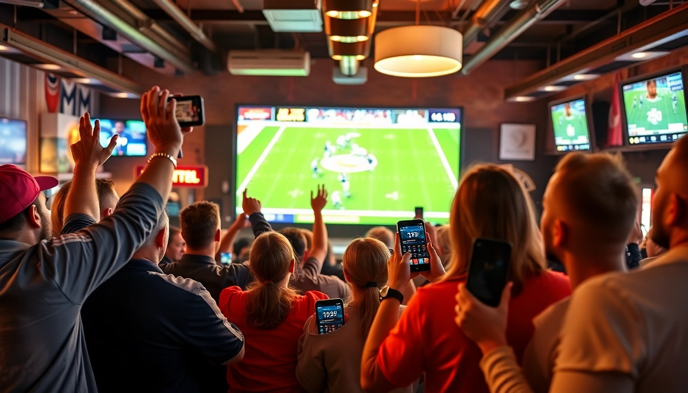 Cheering crowd engaging in California sports betting at a lively sports bar atmosphere.