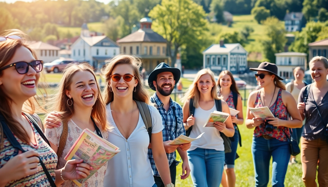 Tourists enjoying Clarksburg tours in a vibrant outdoor setting with historic buildings in the background.