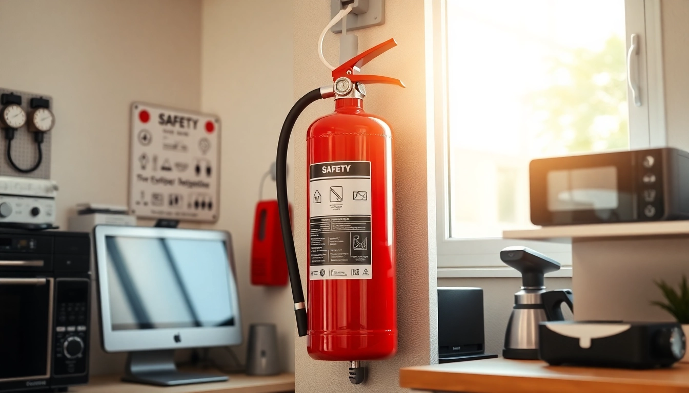 Display of an electrical fire extinguisher prominently positioned in a safe environment.