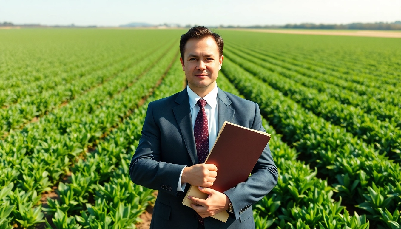 Expert navigating agricultural law in a thriving farm setting, symbolizing legal protection and growth.