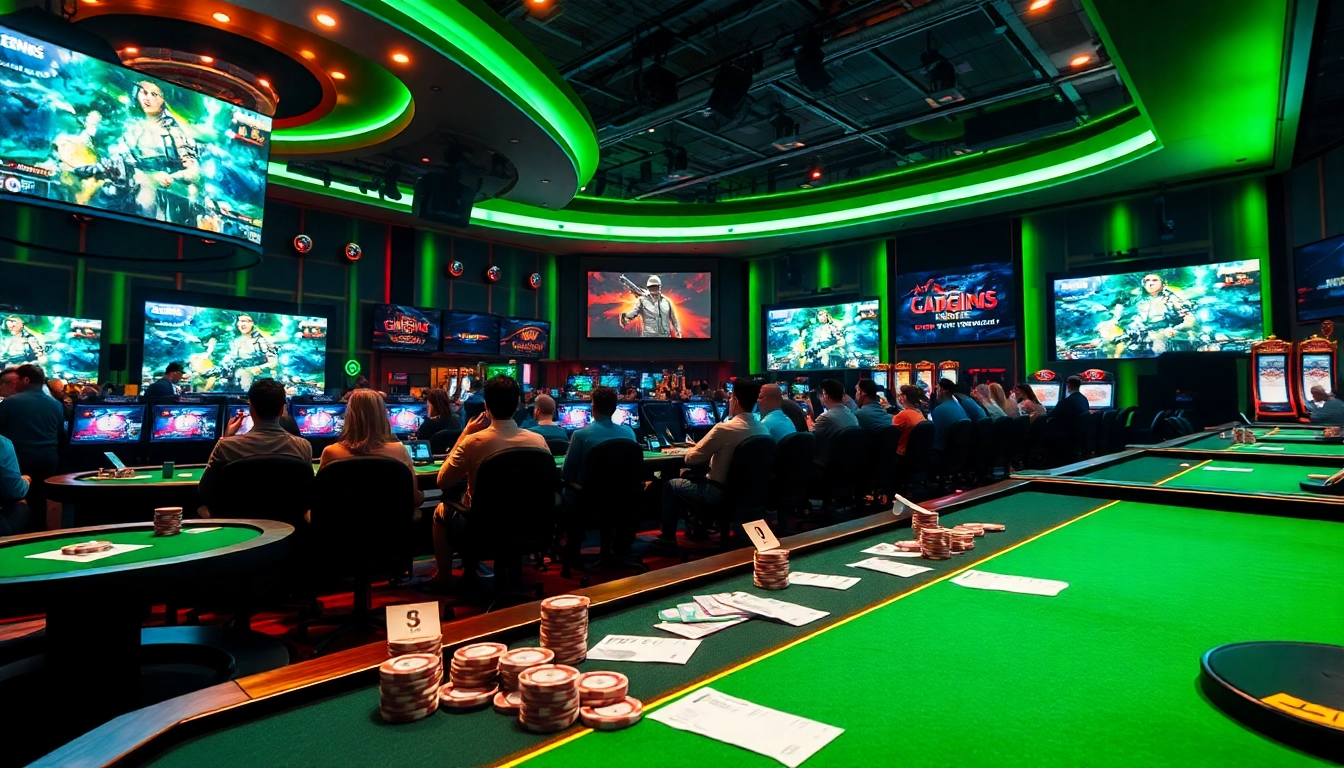 Experience the thrill of Trực tiếp esports as spectators engage in high-stakes gambling at a vibrant esports arena.