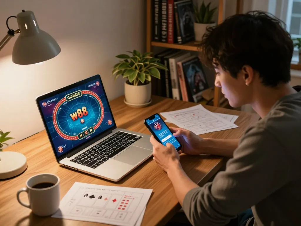Engaged player enjoying online poker with w 88 casino app on laptop, focused atmosphere reflecting strategic gameplay.