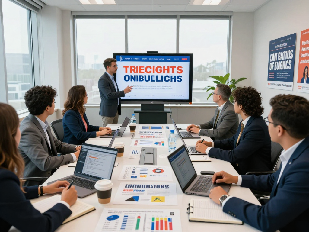 Focus on political ad buying in a collaborative business meeting discussing campaign strategies.