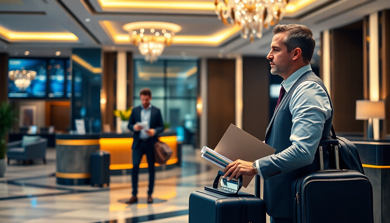 Premium travel services showcase luxury hotel lobby experience with a traveler and concierge.